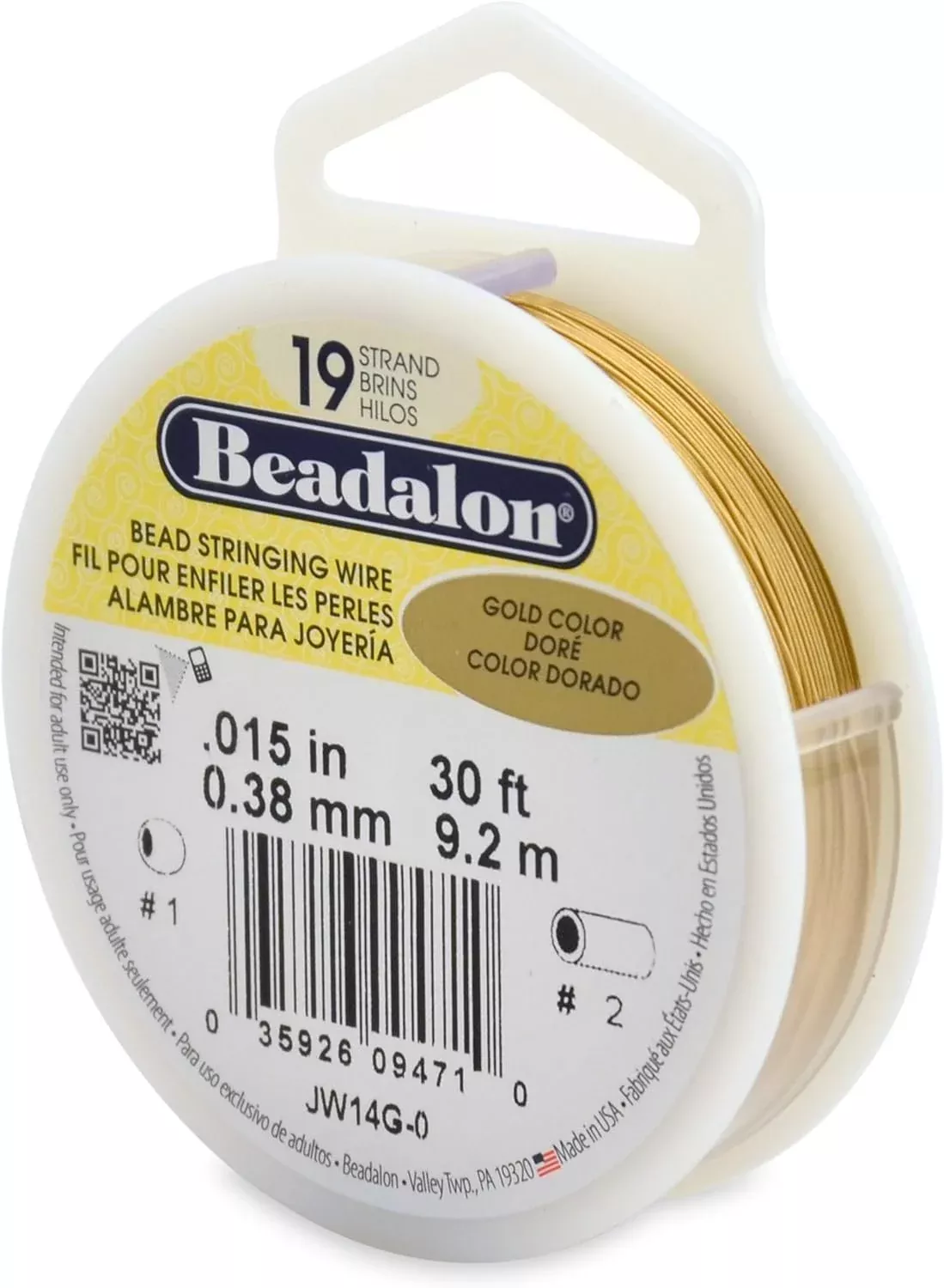 Beadalon 19-Strand Bead Stringing Wire, 0.015-Inch, Gold Color, 30-Fee