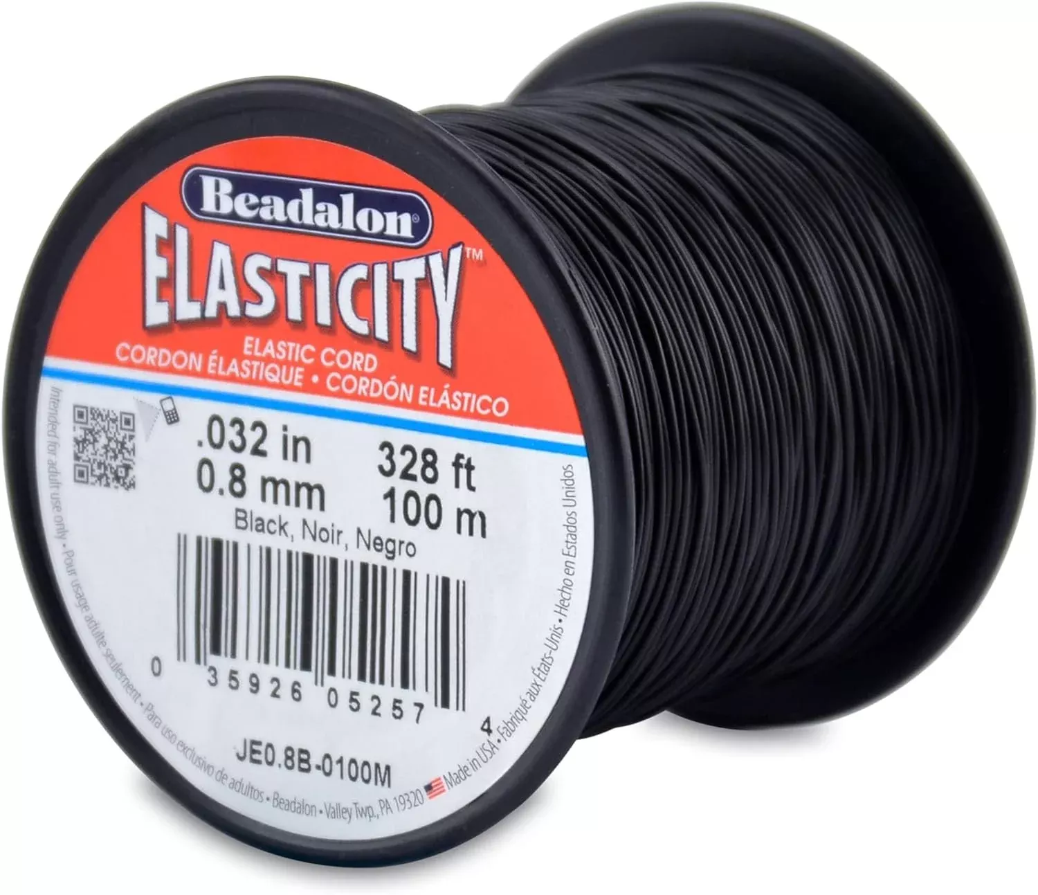 Beadalon Elasticity Stretch Cord, 0.8 mm / .032 in, Black, 100 m / 328