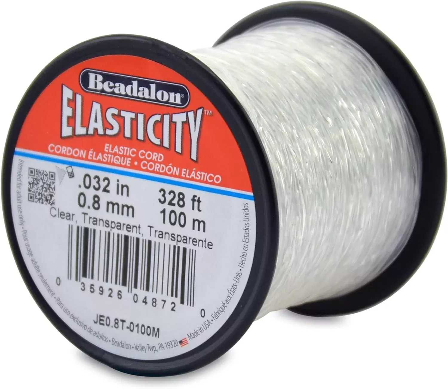 Beadalon Elasticity Stretch Cord, 0.8 mm / .032 in, Clear, 100 m / 328