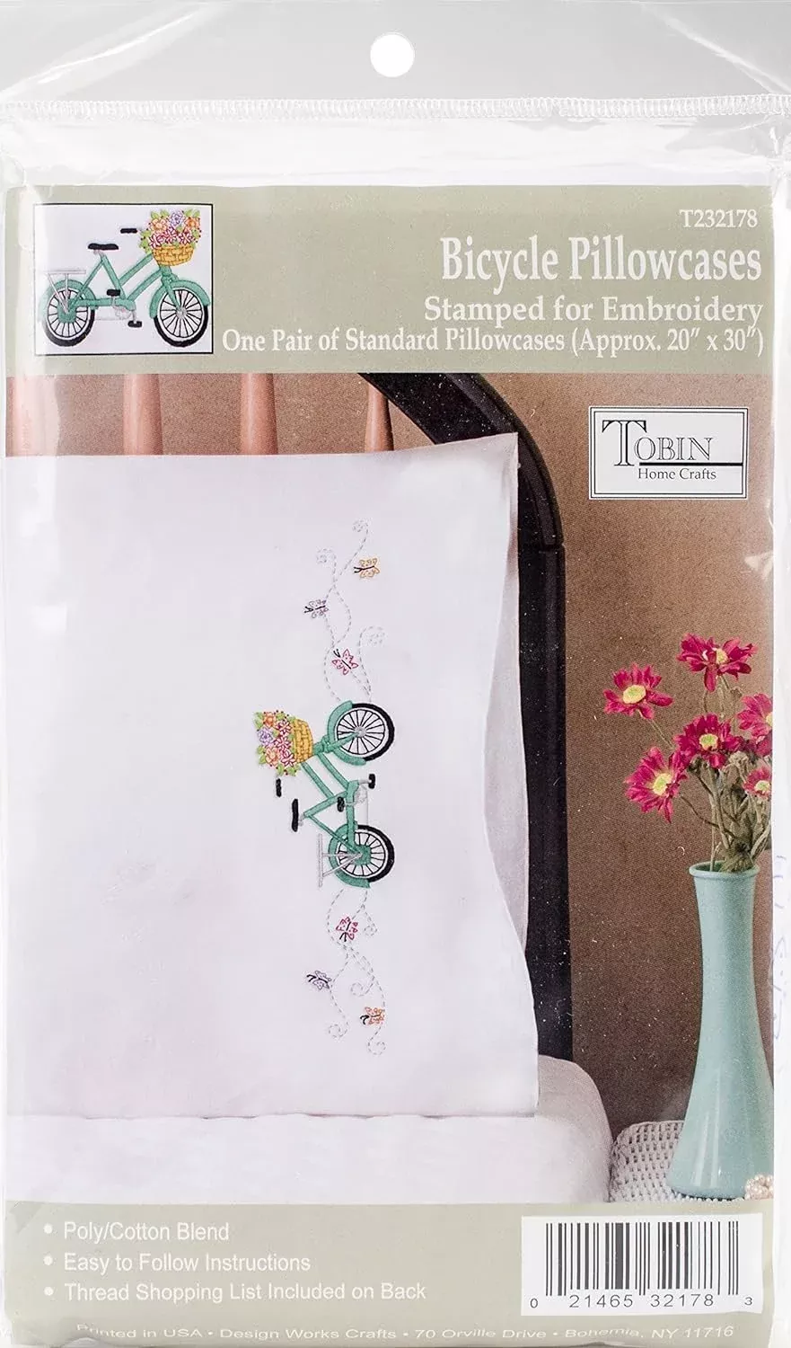 Tobin Stamped Pillowcases, Bicycle, 20" x 30" Embroidery Kit, white