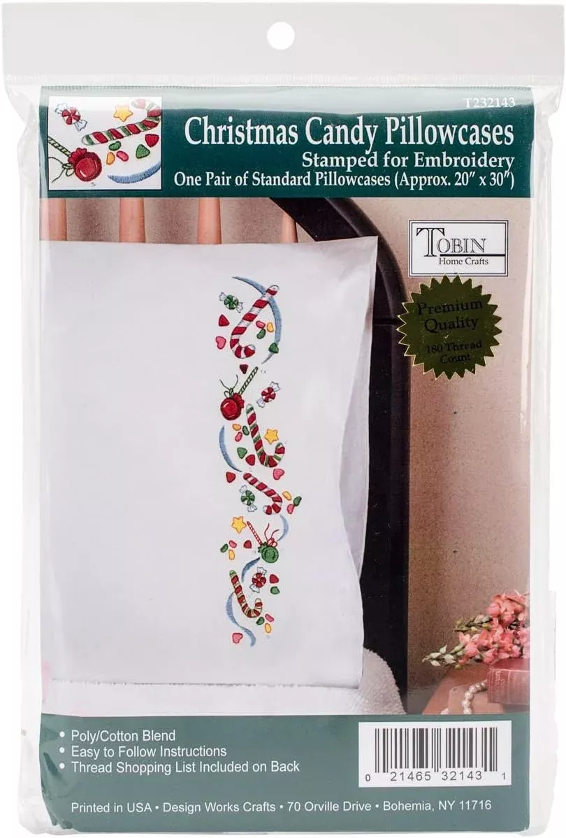 Tobin Stamped Pillowcases, Christmas Candy, 20" x 30" Embroidery Kit