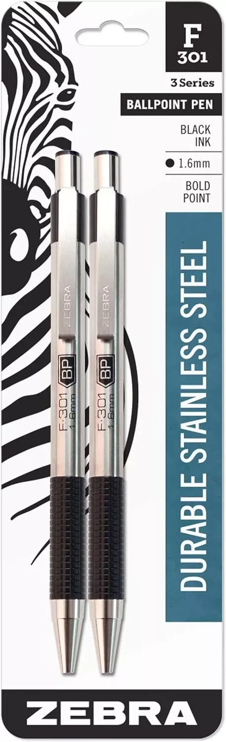 Zebra Pen F-301 Retractable Ballpoint Pen, Stainless Steel Barrel, Bol
