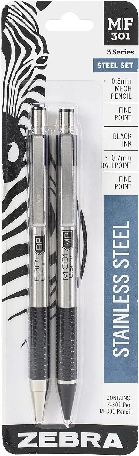 Zebra Pen Stainless Steel Writing Set, M-301 Mechanical Pencil and F-3